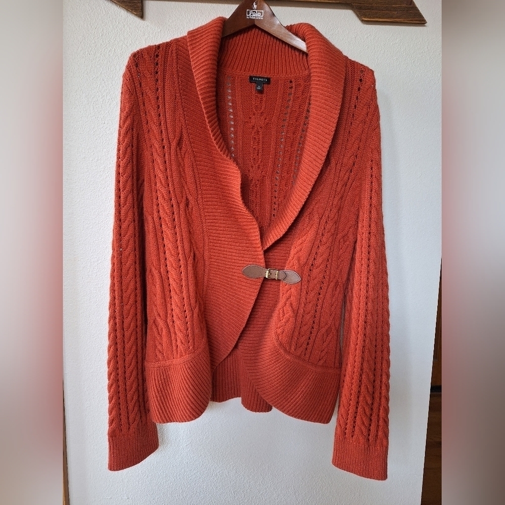 Talbots Womens Lambswoool Blend Rust Cardigan Buckle Sweater Size L